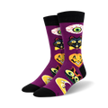Purple crew socks with a Halloween theme. Features black cats, pumpkins, moons, and eyes in vintage-style illustrations.