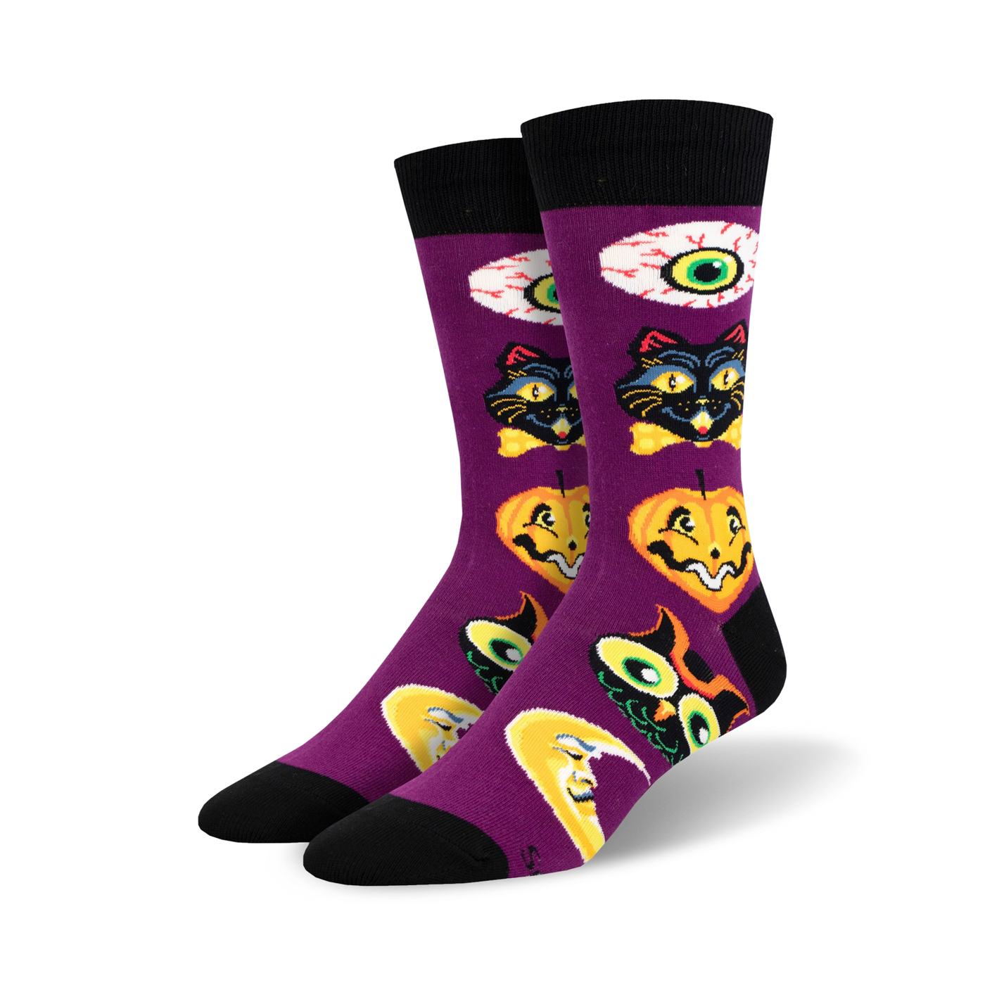 Purple crew socks with a Halloween theme. Features black cats, pumpkins, moons, and eyes in vintage-style illustrations.