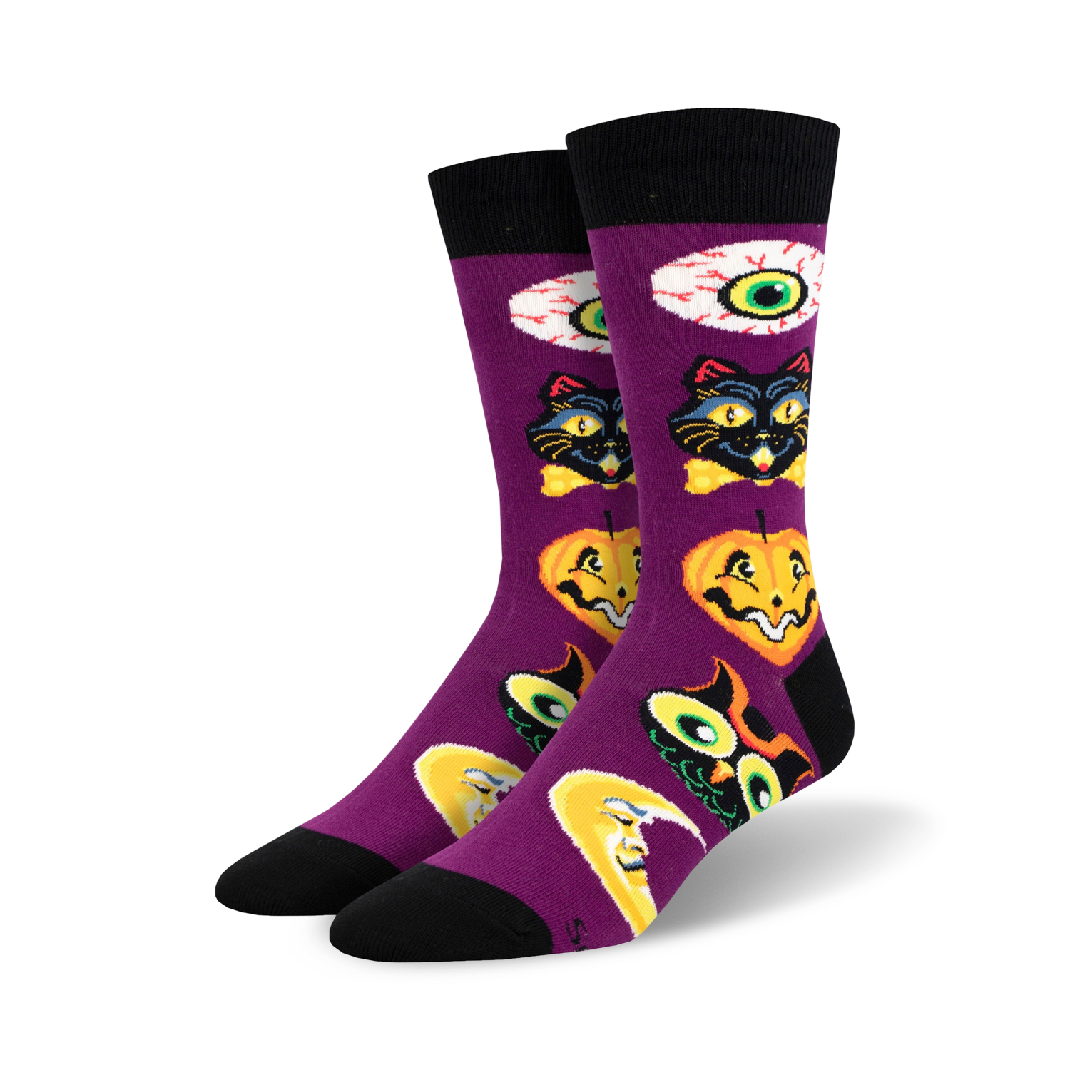 Purple crew socks with a Halloween theme. Features black cats, pumpkins, moons, and eyes in vintage-style illustrations.