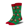 Pair of crew socks; green background, brown poop emojis wearing Santa hats; red cuffs.