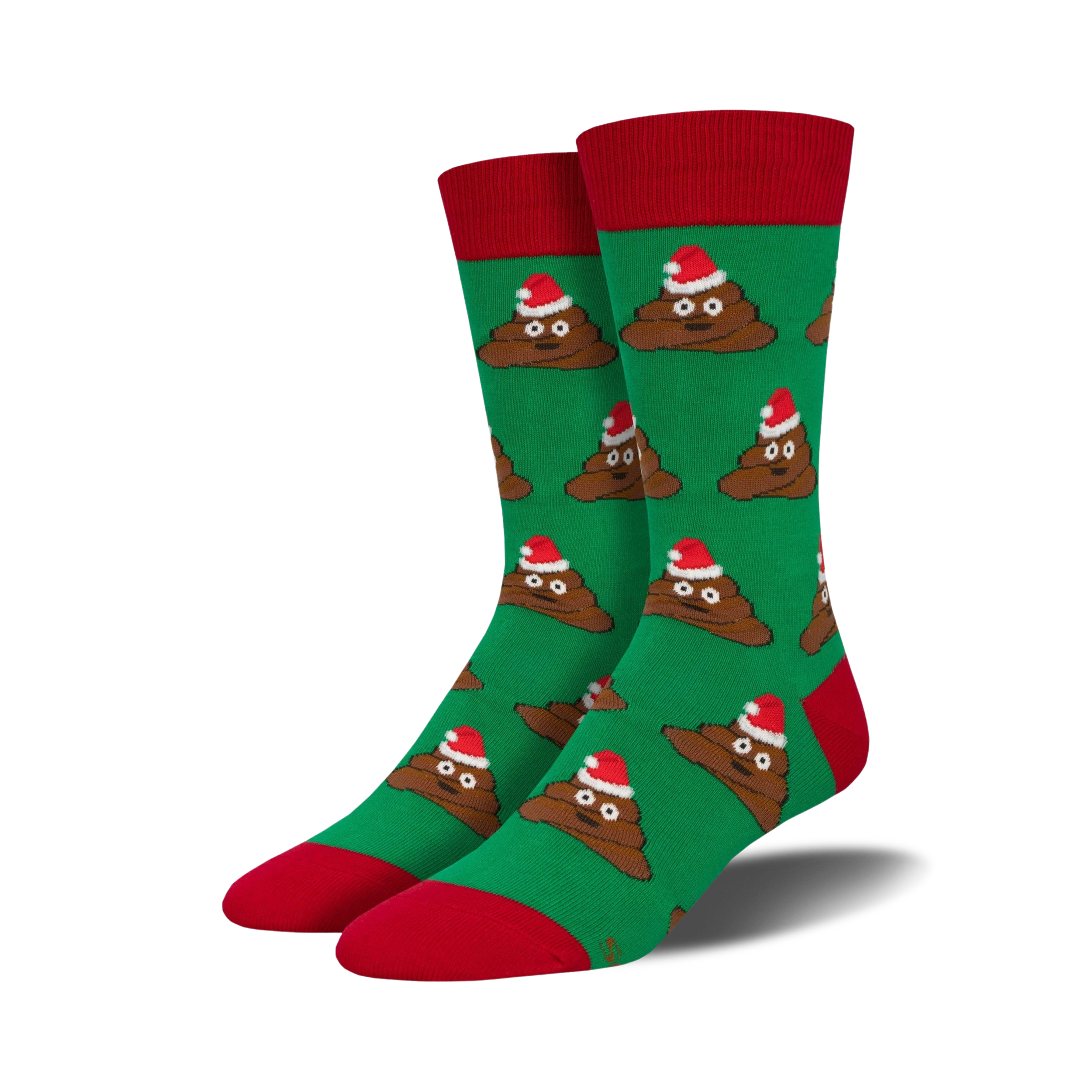 Pair of crew socks; green background, brown poop emojis wearing Santa hats; red cuffs.
