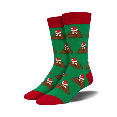 green crew socks with cartoonish brown poop wearing red santa hats and white pom poms, perfect for men during christmas.   