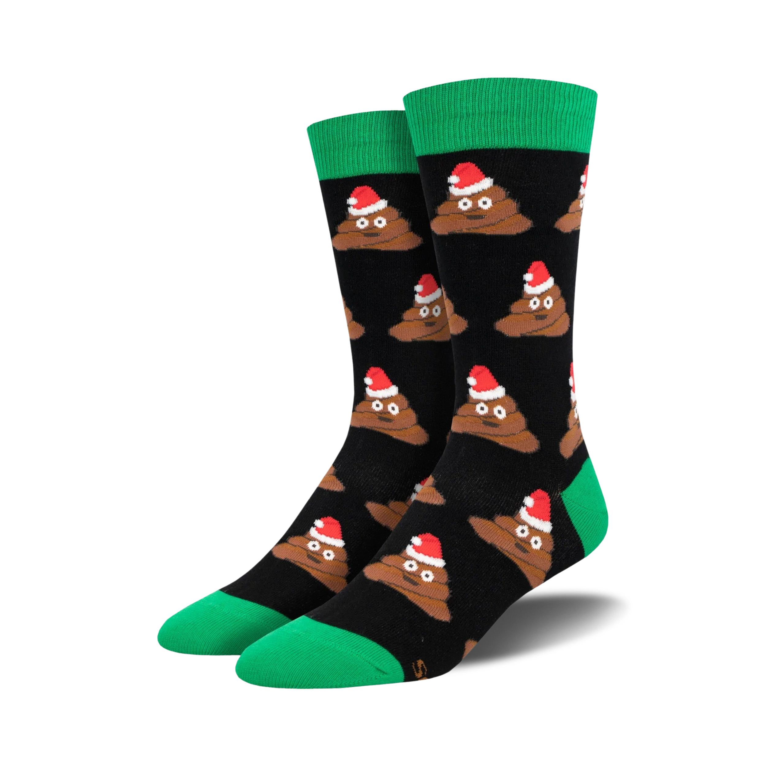 Close-up view of black Jolly Poo socks featuring brown poop emojis wearing Santa hats.