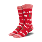 Pair of crew socks in red and green, featuring a repeated 'Ho Ho Ho' pattern. 