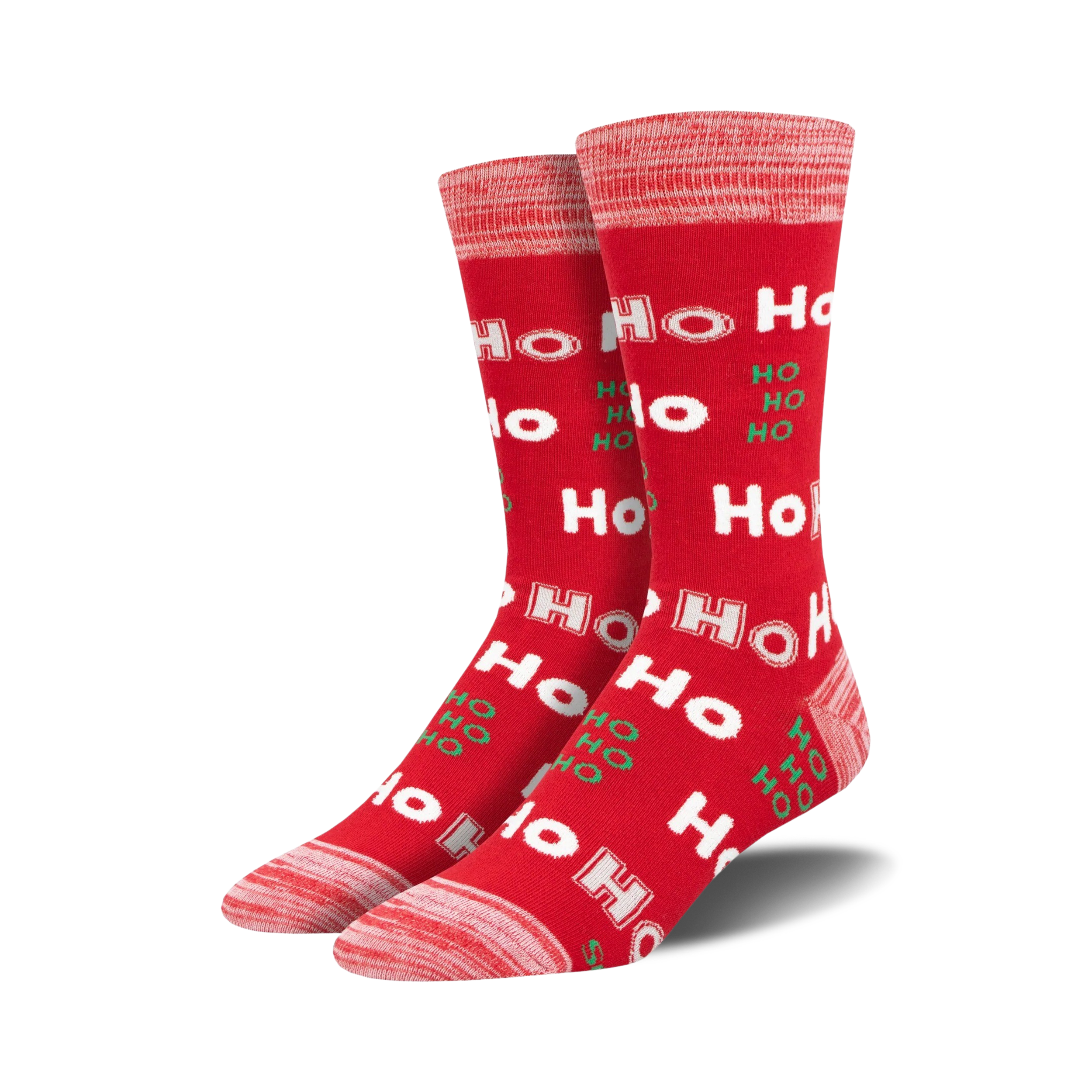 Pair of crew socks in red and green, featuring a repeated 'Ho Ho Ho' pattern. 