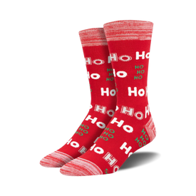 mens red crew socks with green and white "ho ho ho" holiday print   