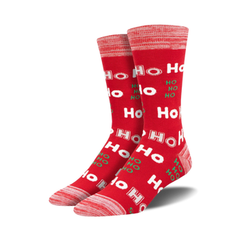 mens red crew socks with green and white "ho ho ho" holiday print   