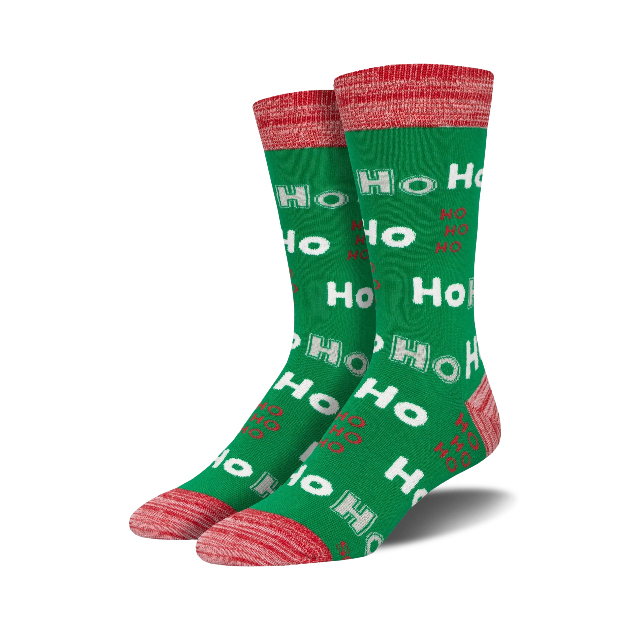 Lifestyle shot showing the green 'Ho Ho Ho' socks on a person's feet.