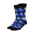 Pair of crew socks in blue and black buffalo plaid with white snowflake design. 