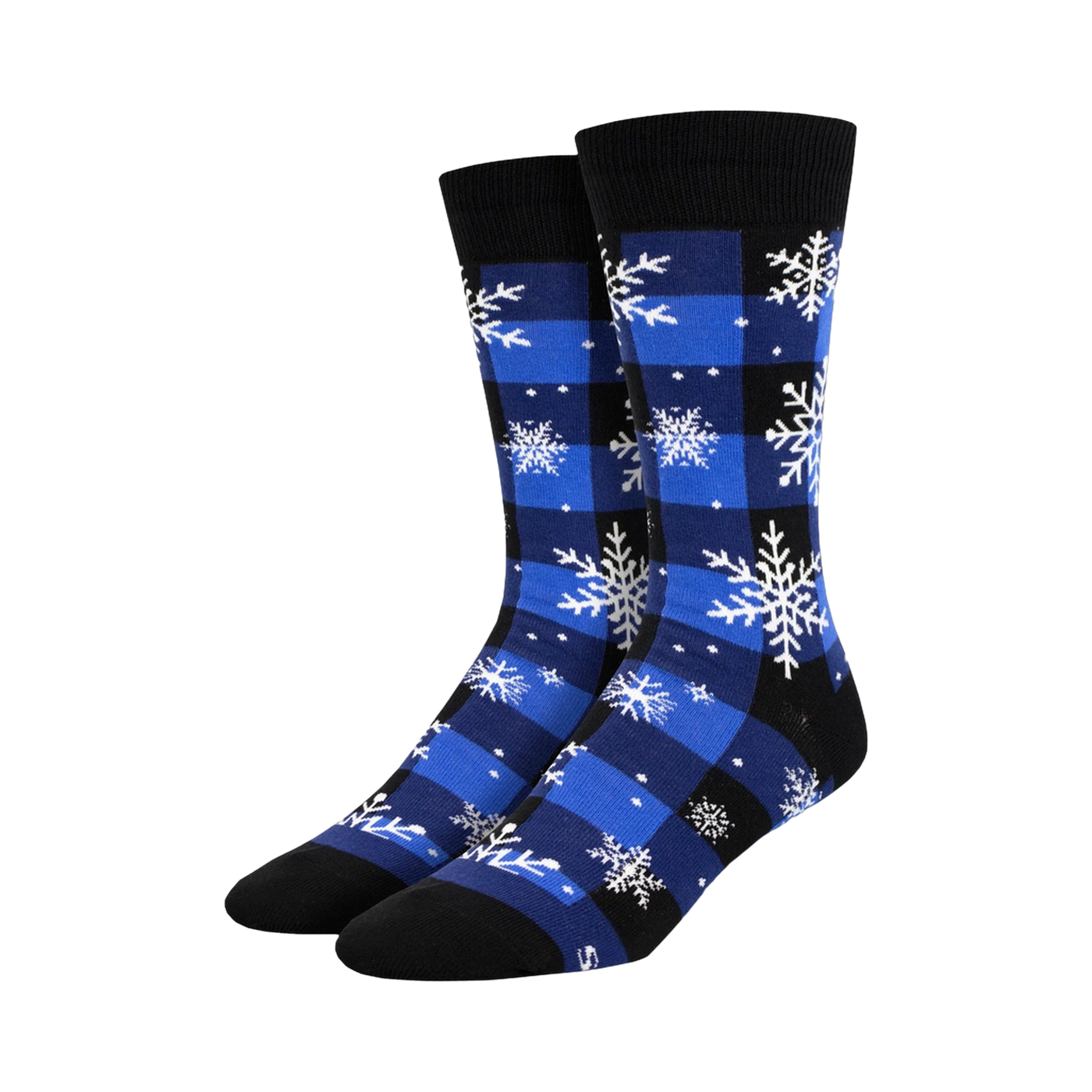 Pair of crew socks in blue and black buffalo plaid with white snowflake design. 