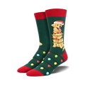 A pair of crew socks in green with red cuffs. The design features a golden retriever wearing a Santa hat and wrapped in Christmas lights.
