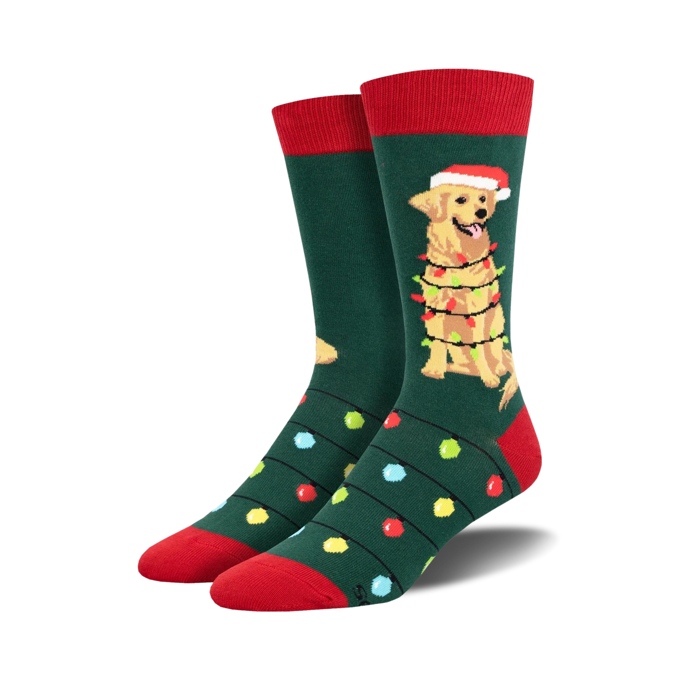A pair of crew socks in green with red cuffs. The design features a golden retriever wearing a Santa hat and wrapped in Christmas lights.