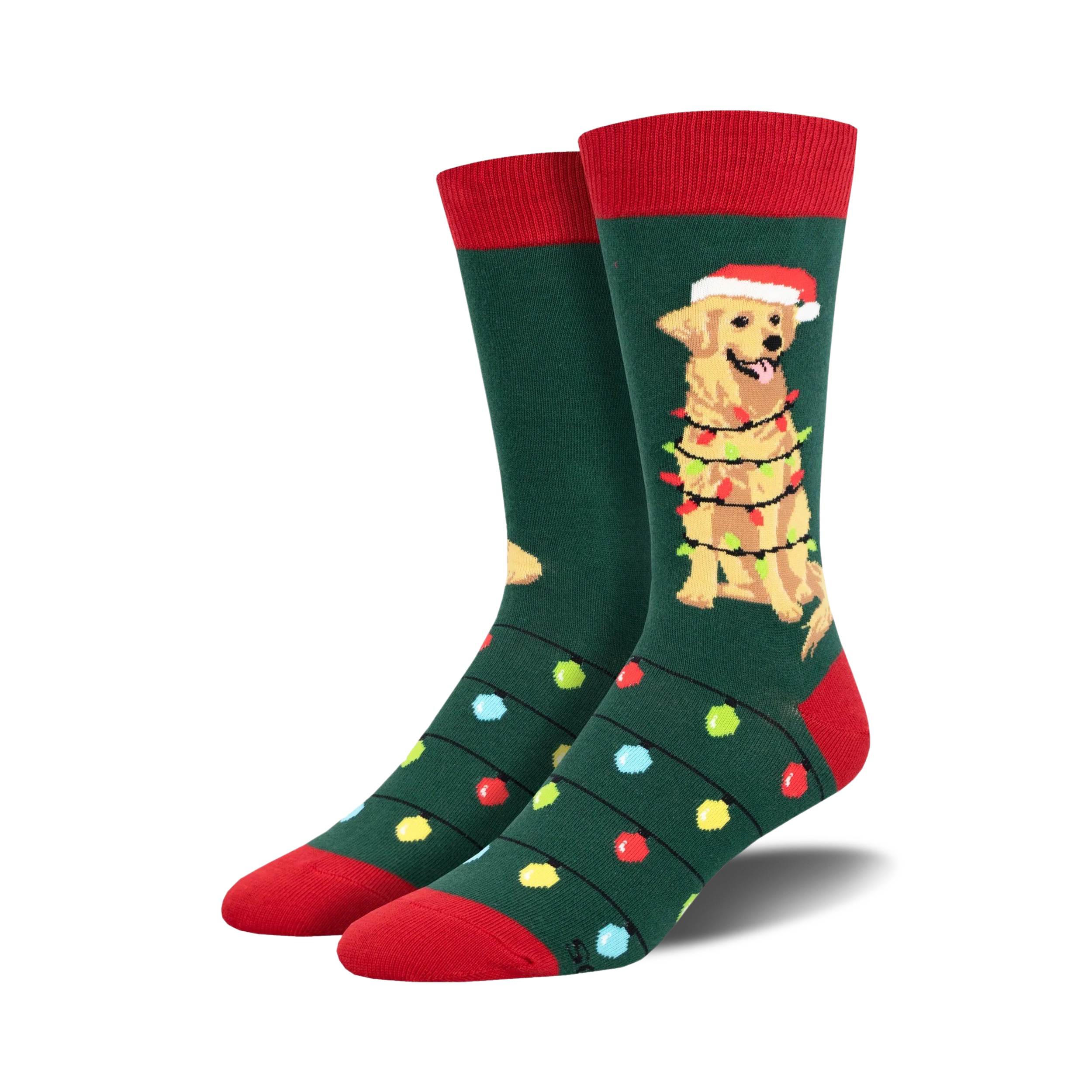 A pair of crew socks in green with red cuffs. The design features a golden retriever wearing a Santa hat and wrapped in Christmas lights.