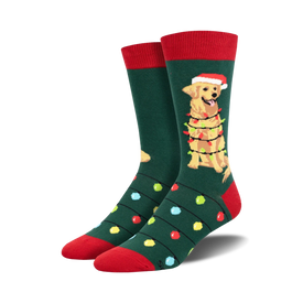 mens dark green christmas crew socks with golden dog in santa hat tangled in multi-colored lights, red top, white cuff.  