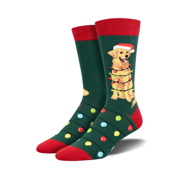 mens dark green christmas crew socks with golden dog in santa hat tangled in multi-colored lights, red top, white cuff.  