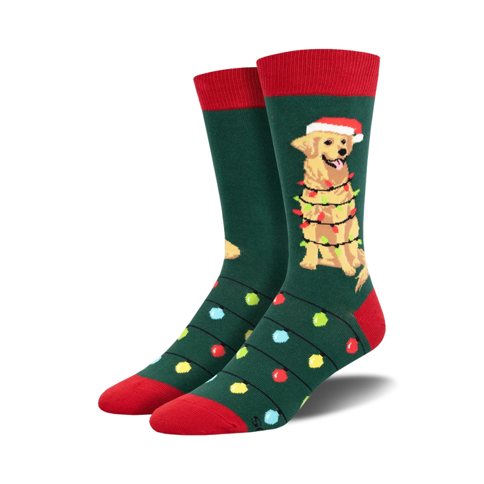 mens dark green christmas crew socks with golden dog in santa hat tangled in multi-colored lights, red top, white cuff.   }}