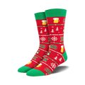 Pair of crew socks in red and green. Design includes beer mugs, snowflakes, and Christmas trees in a festive knit pattern.