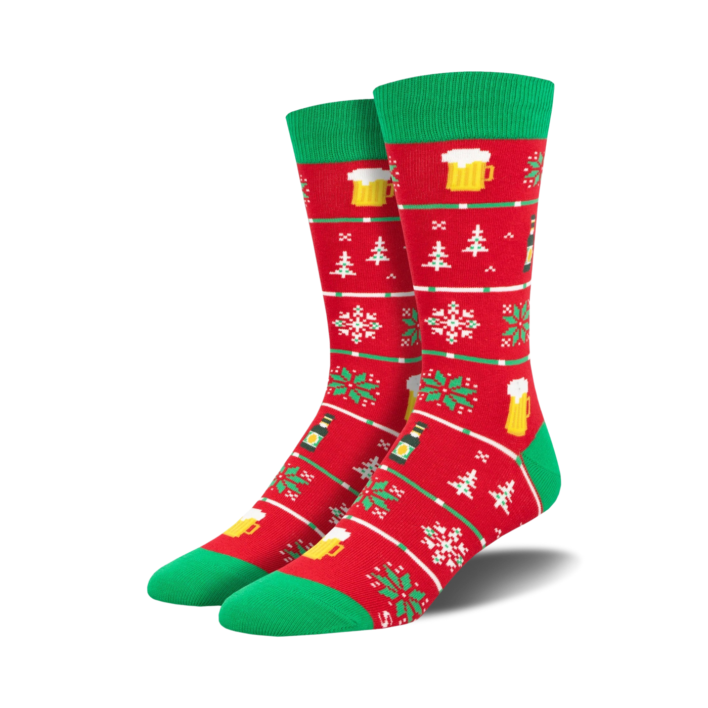 Pair of crew socks in red and green. Design includes beer mugs, snowflakes, and Christmas trees in a festive knit pattern.