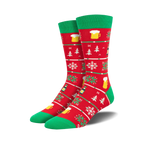 Pair of crew socks in red and green. Design includes beer mugs, snowflakes, and Christmas trees in a festive knit pattern.