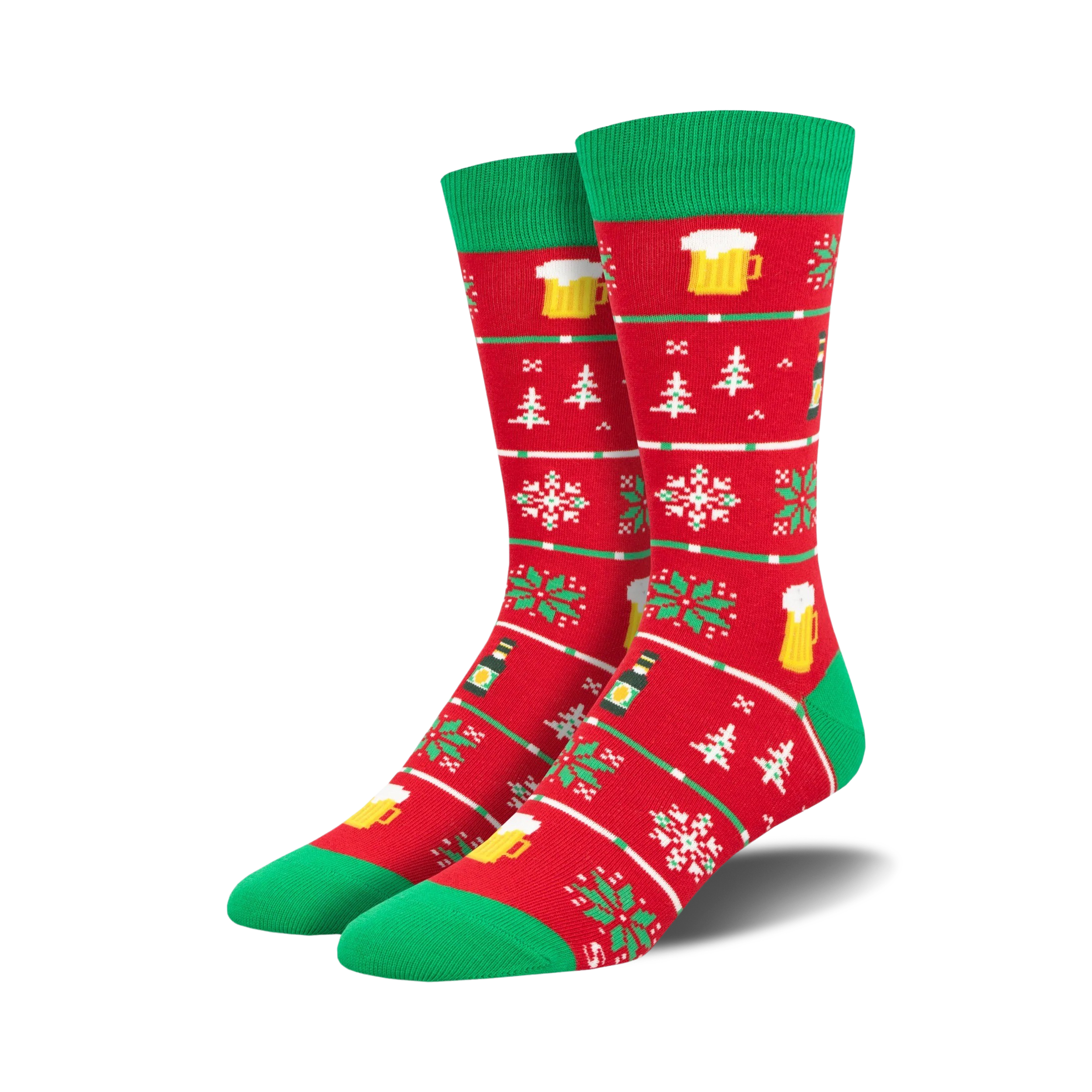 Pair of crew socks in red and green. Design includes beer mugs, snowflakes, and Christmas trees in a festive knit pattern.