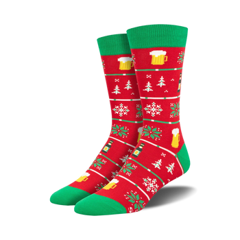  men's christmas crew socks with red, green, and white snowflakes, pine trees, and beer bottles.   