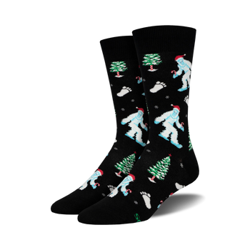 men's christmas crew socks with cartoon yetis, candy canes, and snowflakes.  