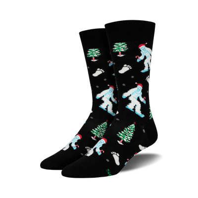 men's christmas crew socks with cartoon yetis, candy canes, and snowflakes.  