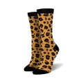 Pair of women's crew socks in tan and black with a leopard print design.  Black cuffs.