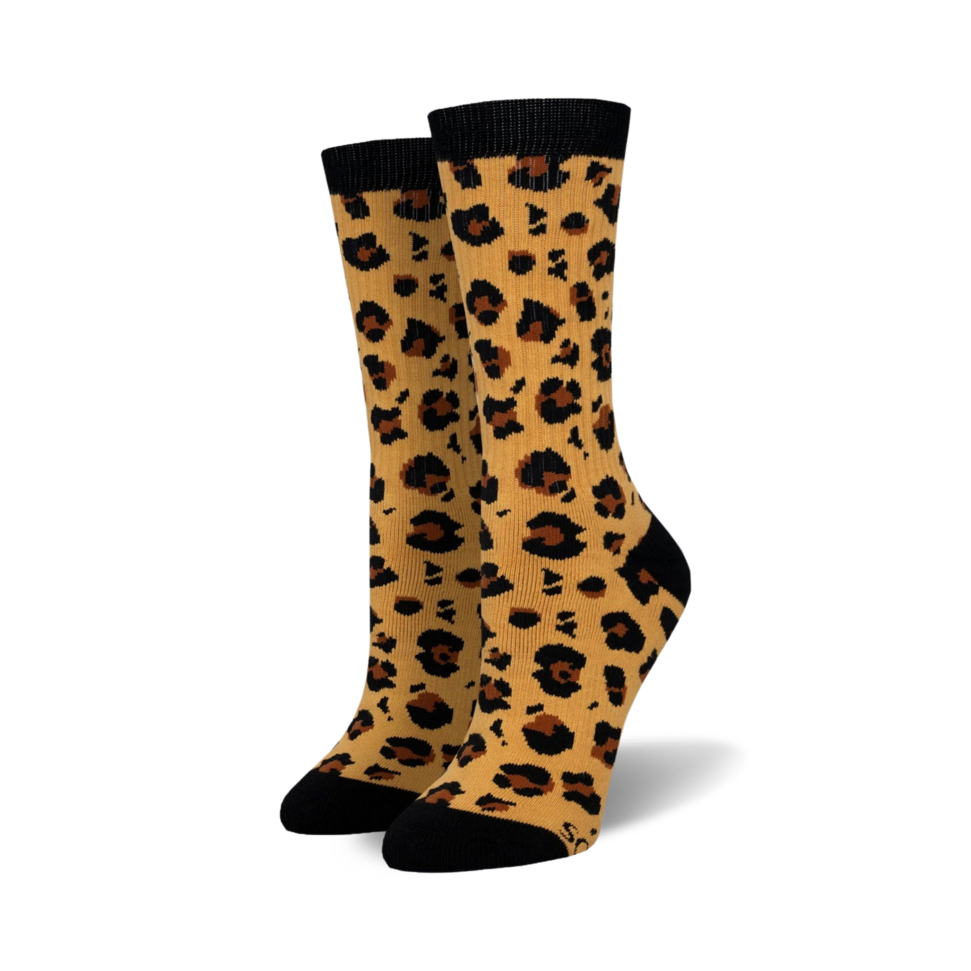 Pair of women's crew socks in tan and black with a leopard print design.  Black cuffs.