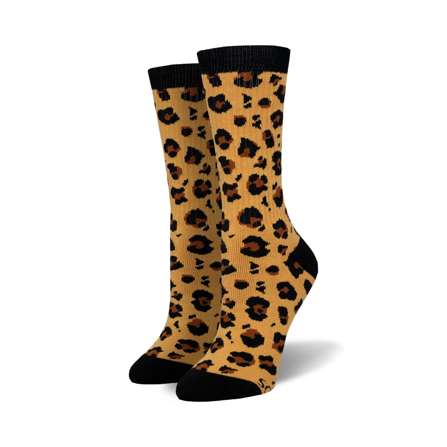 Pair of women's crew socks in tan and black with a leopard print design.  Black cuffs.