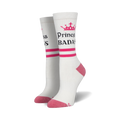 Pair of white crew socks with hot pink stripes and a crown design. Text reads 'Princess Badass'.