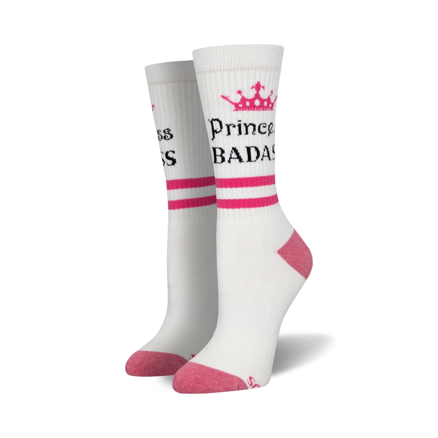 Pair of white crew socks with hot pink stripes and a crown design. Text reads 'Princess Badass'.