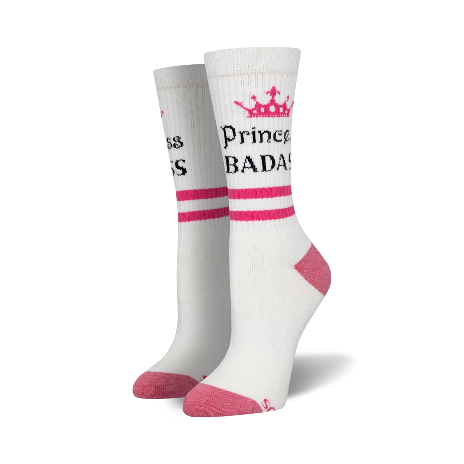 Pair of white crew socks with hot pink stripes and a crown design. Text reads 'Princess Badass'.