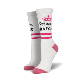 white crew socks with 'princess' above a pink stripe and 'badass' below featuring a pink crown. 