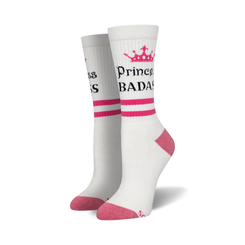 white crew socks with 'princess' above a pink stripe and 'badass' below featuring a pink crown. 