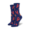 A pair of women's crew socks in navy blue.  The socks are covered in a pattern of red lobsters and orange crabs.
