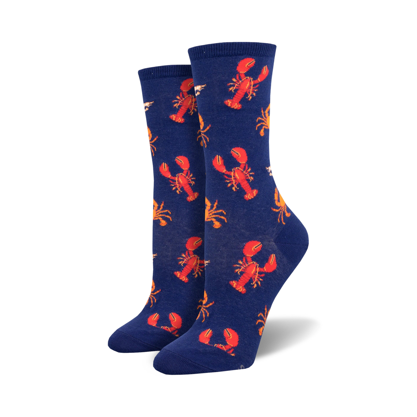 A pair of women's crew socks in navy blue.  The socks are covered in a pattern of red lobsters and orange crabs.