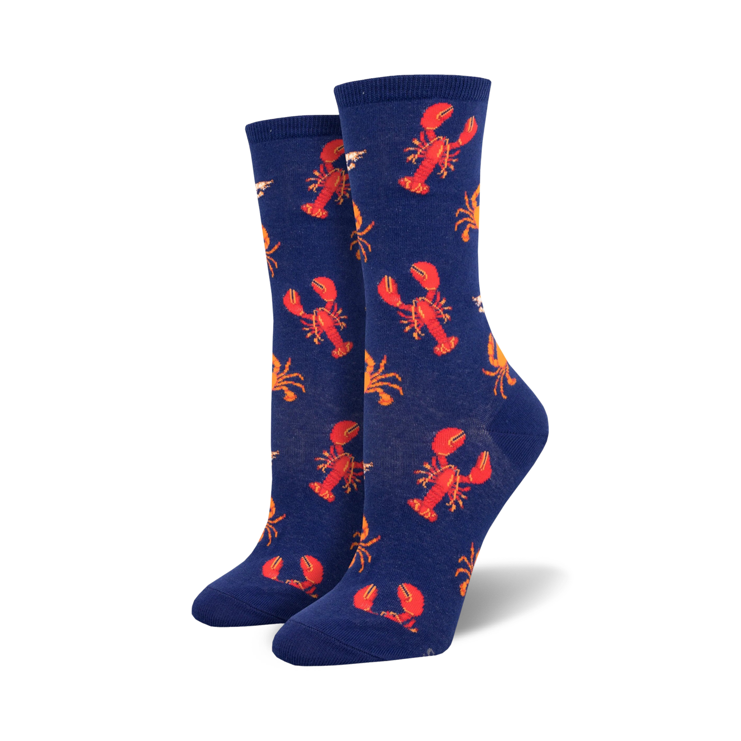 A pair of women's crew socks in navy blue.  The socks are covered in a pattern of red lobsters and orange crabs.