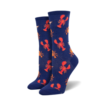 dark blue womens' crew socks with red lobsters, blue crabs, and yellow shrimp pattern.  