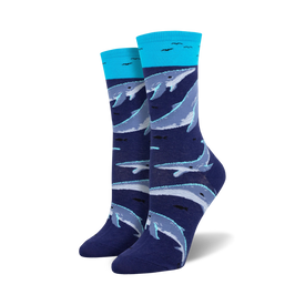 blue crew socks with cartoon whale and fish pattern.  