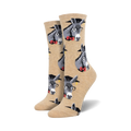 A pair of tan crew socks with a repeating pattern of gray donkeys wearing graduation caps and glasses. 