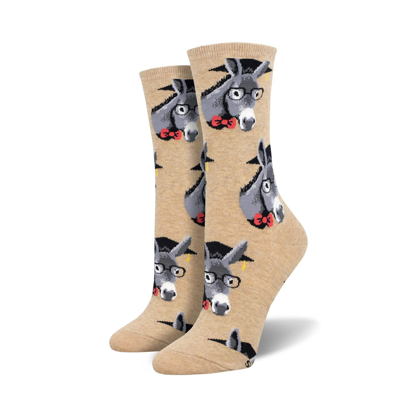 A pair of tan crew socks with a repeating pattern of gray donkeys wearing graduation caps and glasses. 