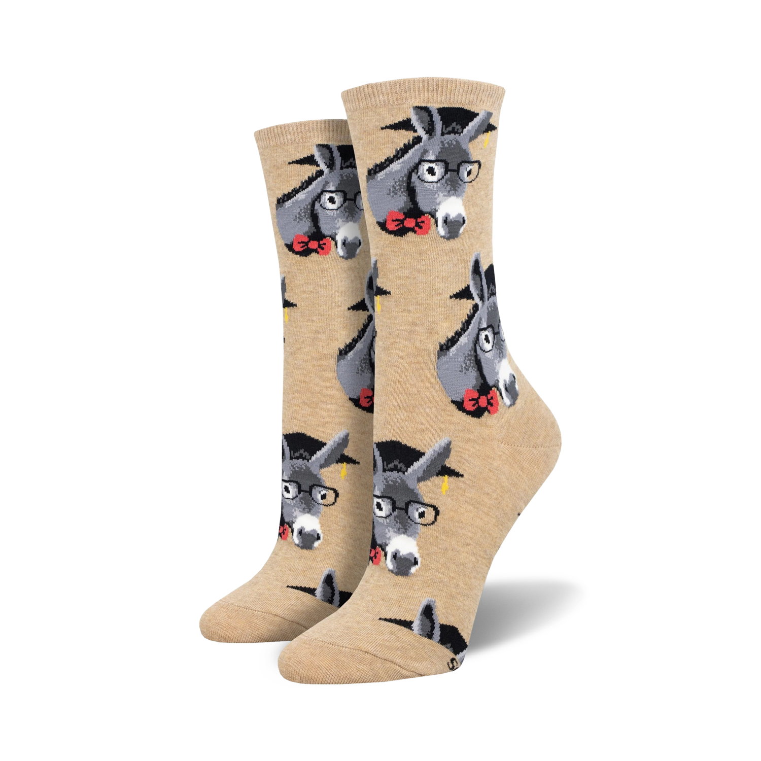 A pair of tan crew socks with a repeating pattern of gray donkeys wearing graduation caps and glasses. 