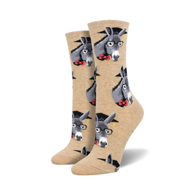 crew length women's socks with cartoon donkeys wearing graduation caps and red bow ties.  