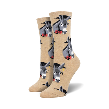 crew length women's socks with cartoon donkeys wearing graduation caps and red bow ties.  