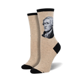 Beige crew socks with a black cuff, featuring a grayscale portrait of Alexander Hamilton on one side.