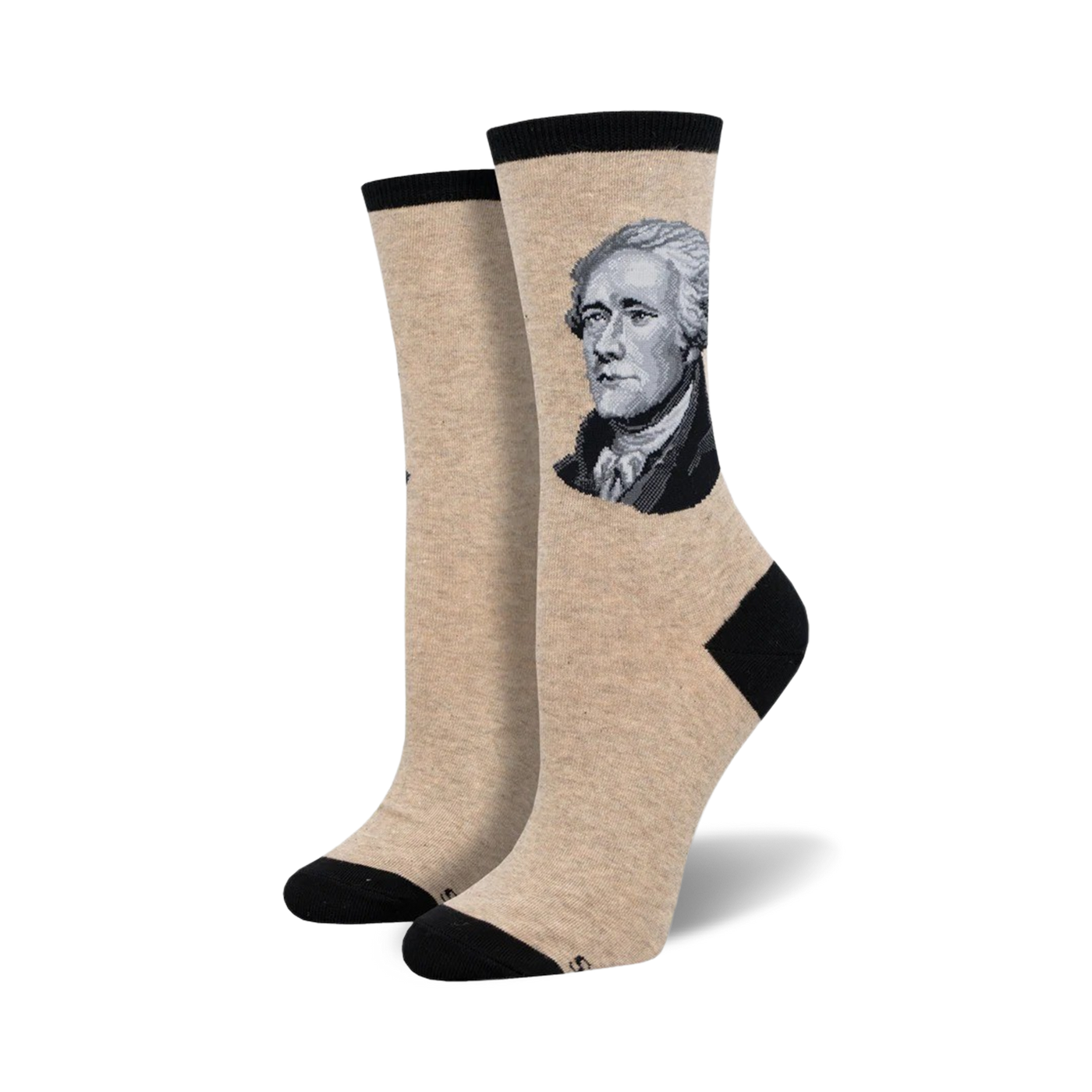 Beige crew socks with a black cuff, featuring a grayscale portrait of Alexander Hamilton on one side.