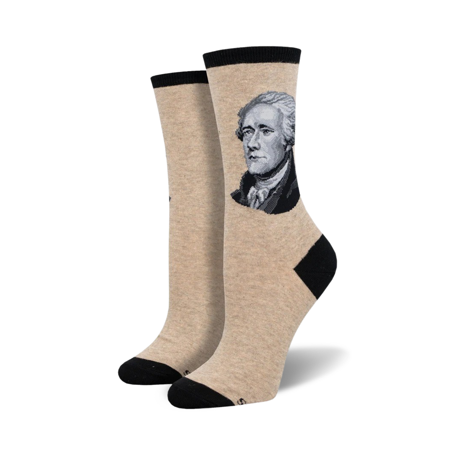 Beige crew socks with a black cuff, featuring a grayscale portrait of Alexander Hamilton on one side.