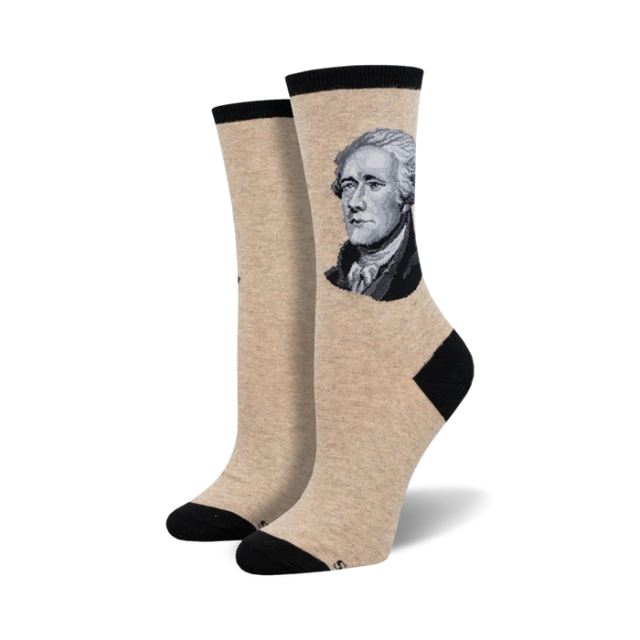alexander hamilton themed womens crew socks in brown and black with a portrait of alexander hamilton on each sock    }}