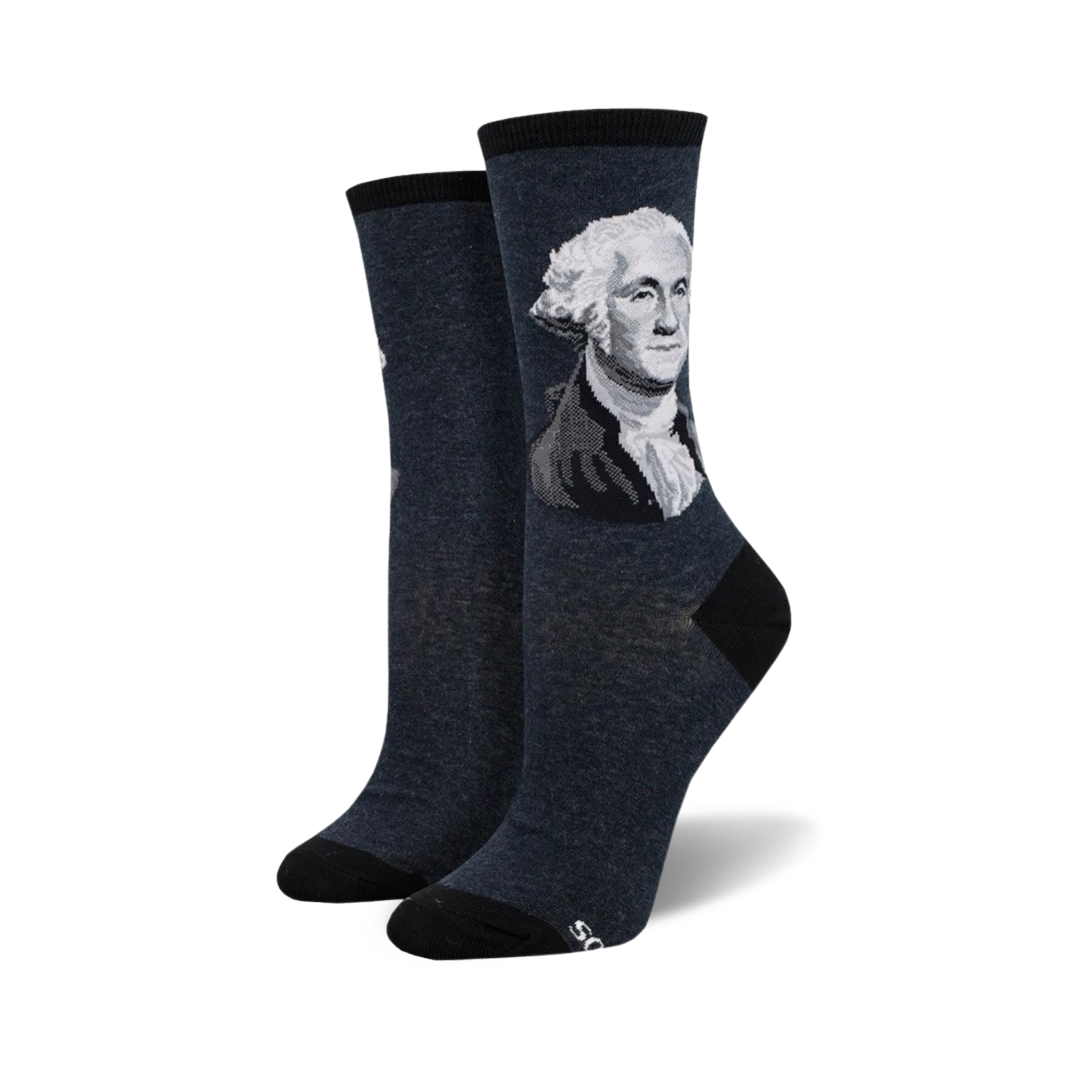 Pair of navy blue crew socks featuring a grayscale portrait of George Washington.  The socks have a black cuff.